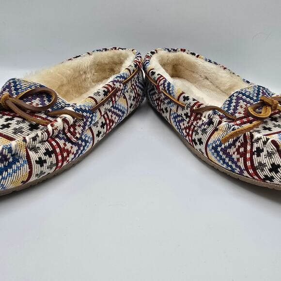 Minnetonka Native American canvas faux fur lining slipper shoes leather bows 9 - Picture 6 of 10